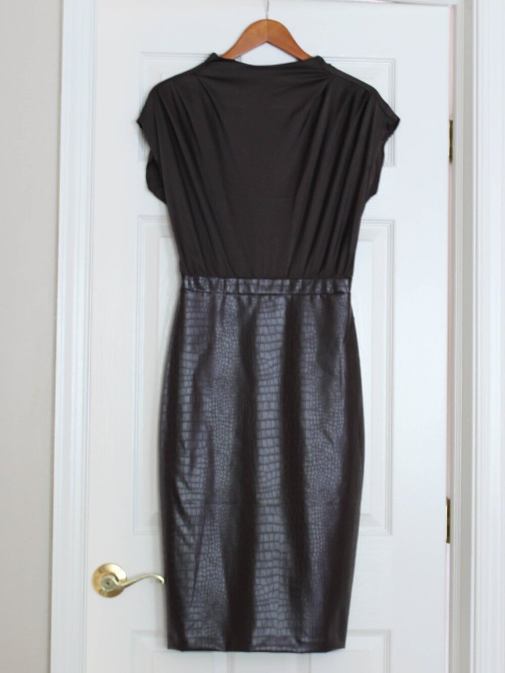 NWT Express Mixed-Media Cowl Neck Satin & Croc Faux Leather Sheath Dress Small - Picture 2 of 5